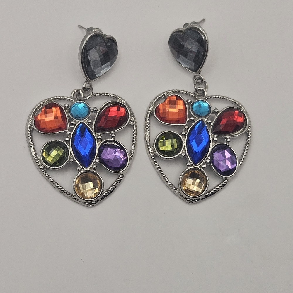 Gently Used Jewel Tone Heart Earings